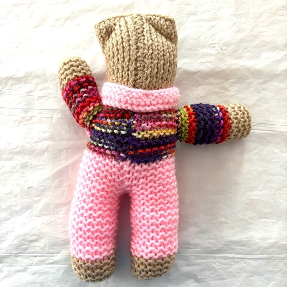 Hand Knitted Pink & Multicolor Teddy Bear Handmade. New